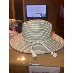 O\'Rageous Mens OS Striped Straw Fedora Sun Hat Beige Grey Wide Brim Rope Band